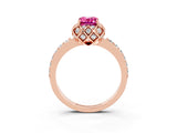 Rose gold Emerald Cut Pink Sapphire Scalloped Halo Engagement Ring with Round Shared Prong Band_27
