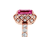 Rose gold Emerald Cut Pink Sapphire Scalloped Halo Engagement Ring with Round Shared Prong Band_29