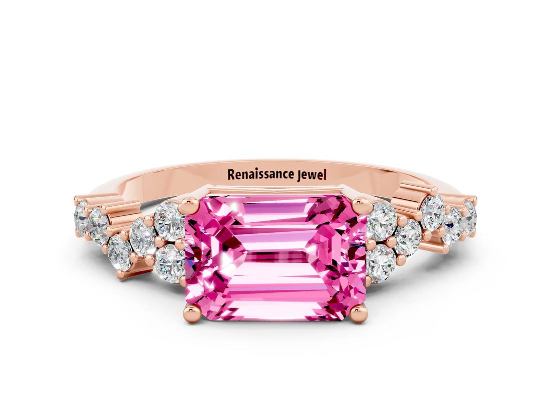 Rose gold Emerald Cut Pink Sapphire Scattered Round Accent Ring with Prong Setting_12