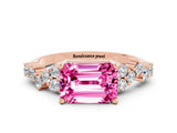 Rose gold Emerald Cut Pink Sapphire Scattered Round Accent Ring with Prong Setting_12