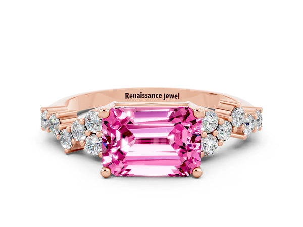 Rose gold Emerald Cut Pink Sapphire Scattered Round Accent Ring with Prong Setting