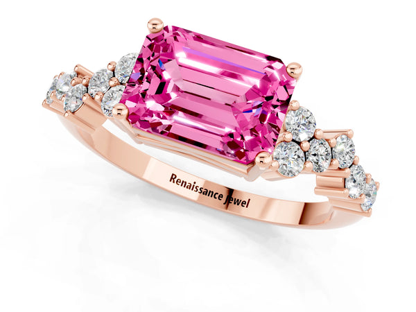 Rose gold Emerald Cut Pink Sapphire Scattered Round Accent Ring with Prong Setting
