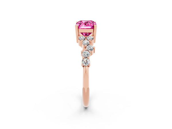 Rose gold Emerald Cut Pink Sapphire Scattered Round Accent Ring with Prong Setting