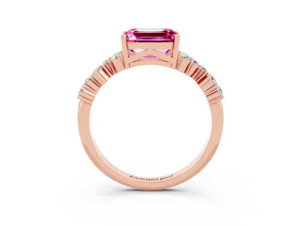 Rose gold Emerald Cut Pink Sapphire Scattered Round Accent Ring with Prong Setting