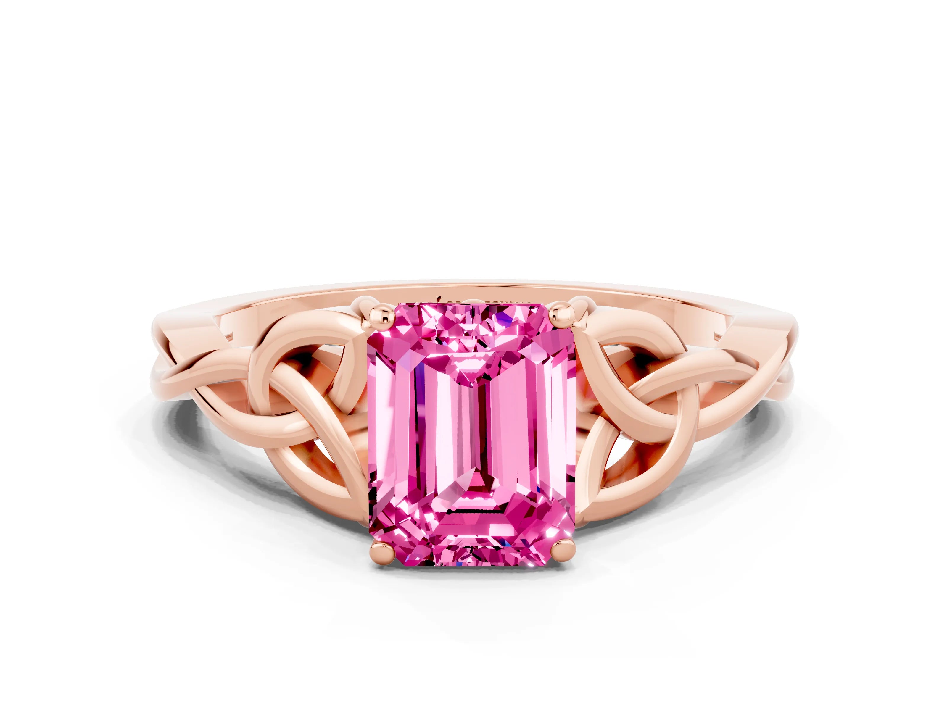 Rose gold Emerald Cut Pink Sapphire Solitaire Celtic Knot Ring with Four-Prong Setting_24