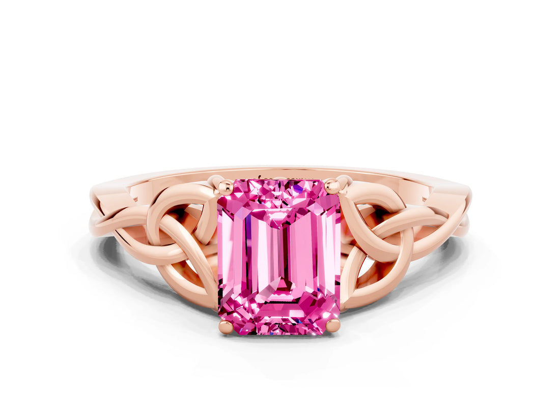 Rose gold Emerald Cut Pink Sapphire Solitaire Celtic Knot Ring with Four-Prong Setting_24