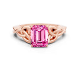 Rose gold Emerald Cut Pink Sapphire Solitaire Celtic Knot Ring with Four-Prong Setting_24