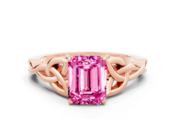 Rose gold Emerald Cut Pink Sapphire Solitaire Celtic Knot Ring with Four-Prong Setting