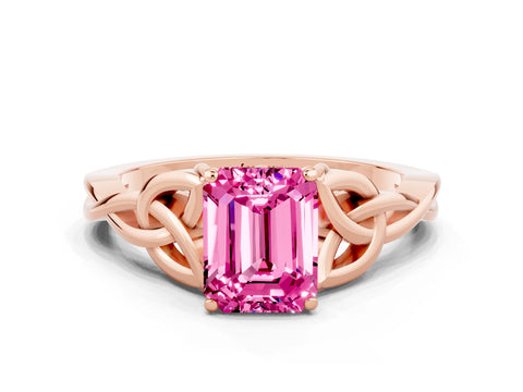 Rose gold Emerald Cut Pink Sapphire Solitaire Celtic Knot Ring with Four-Prong Setting_24