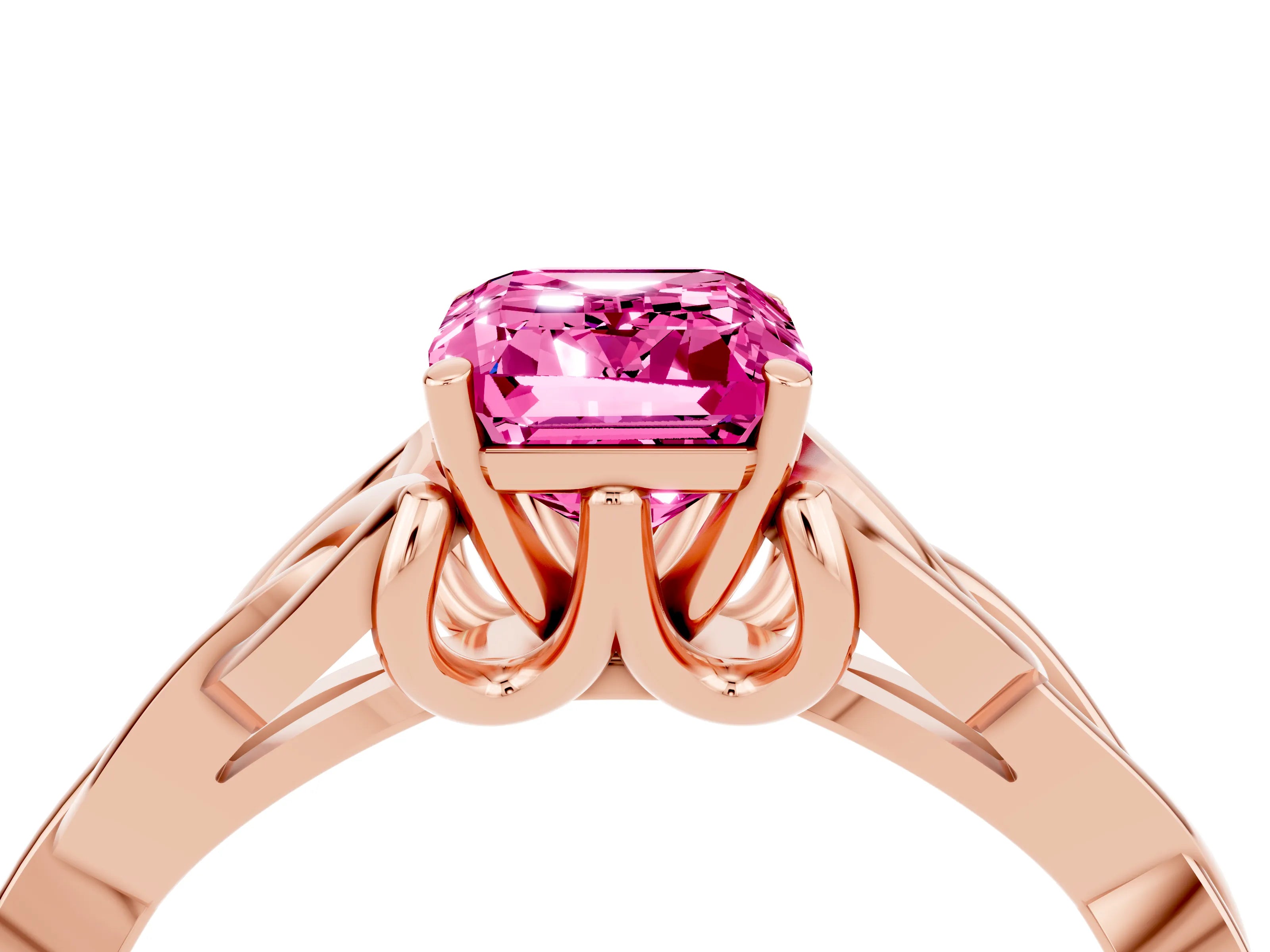 Rose gold Emerald Cut Pink Sapphire Solitaire Celtic Knot Ring with Four-Prong Setting_28