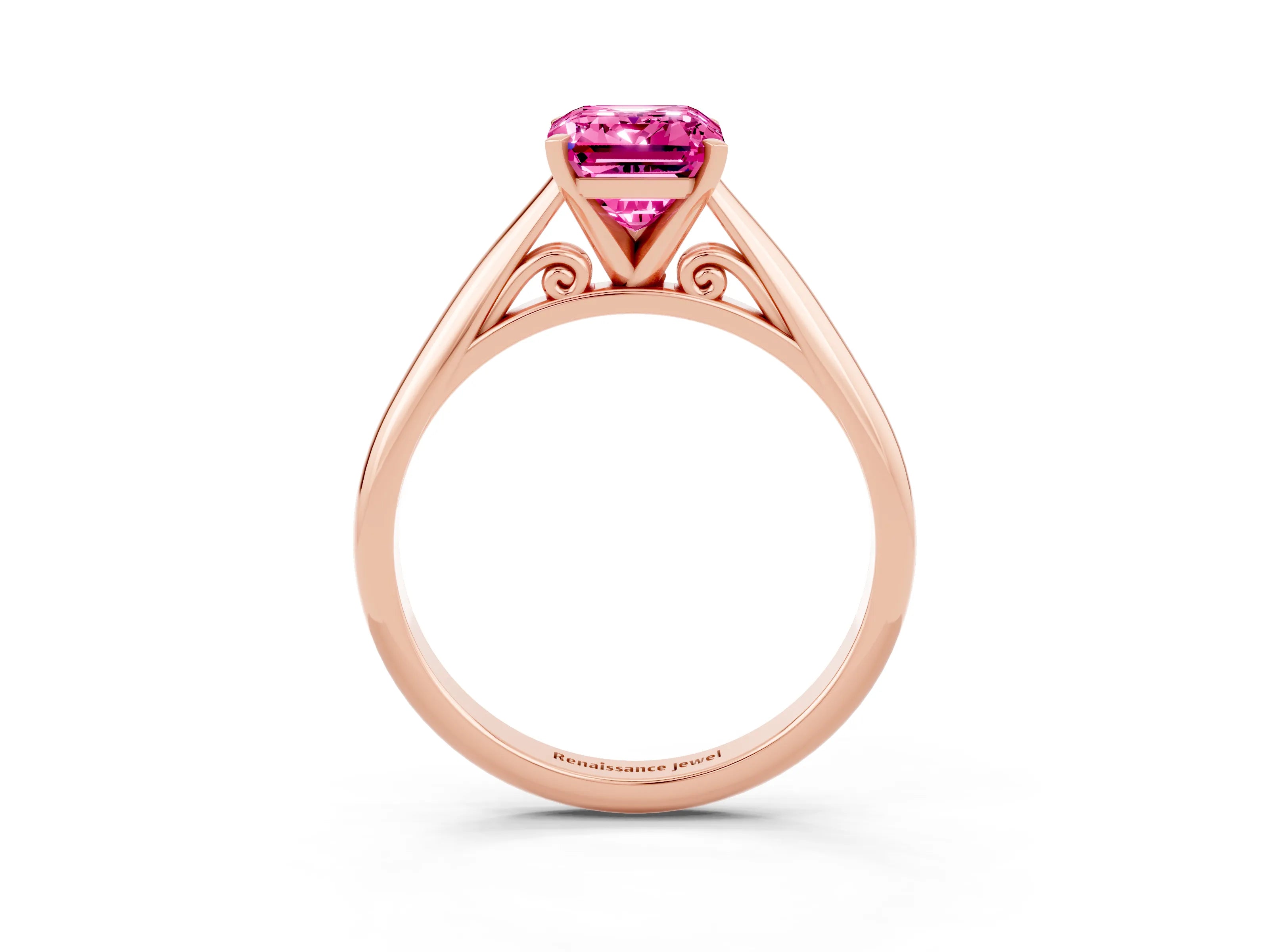 Rose gold Emerald Cut Pink Sapphire Solitaire Engagement Ring with Cathedral Setting and Four-Prong Mount_15