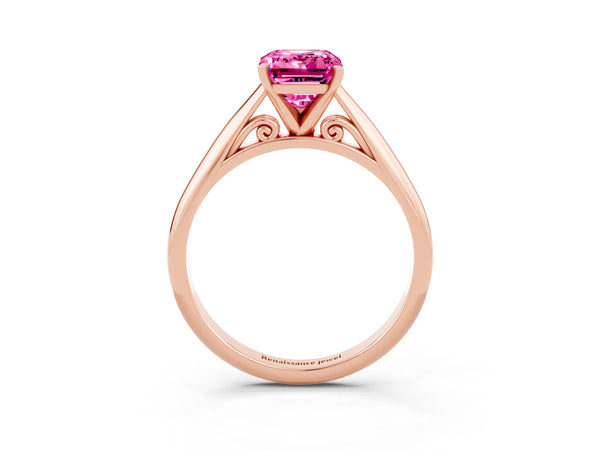Rose gold Emerald Cut Pink Sapphire Solitaire Engagement Ring with Cathedral Setting and Four-Prong Mount