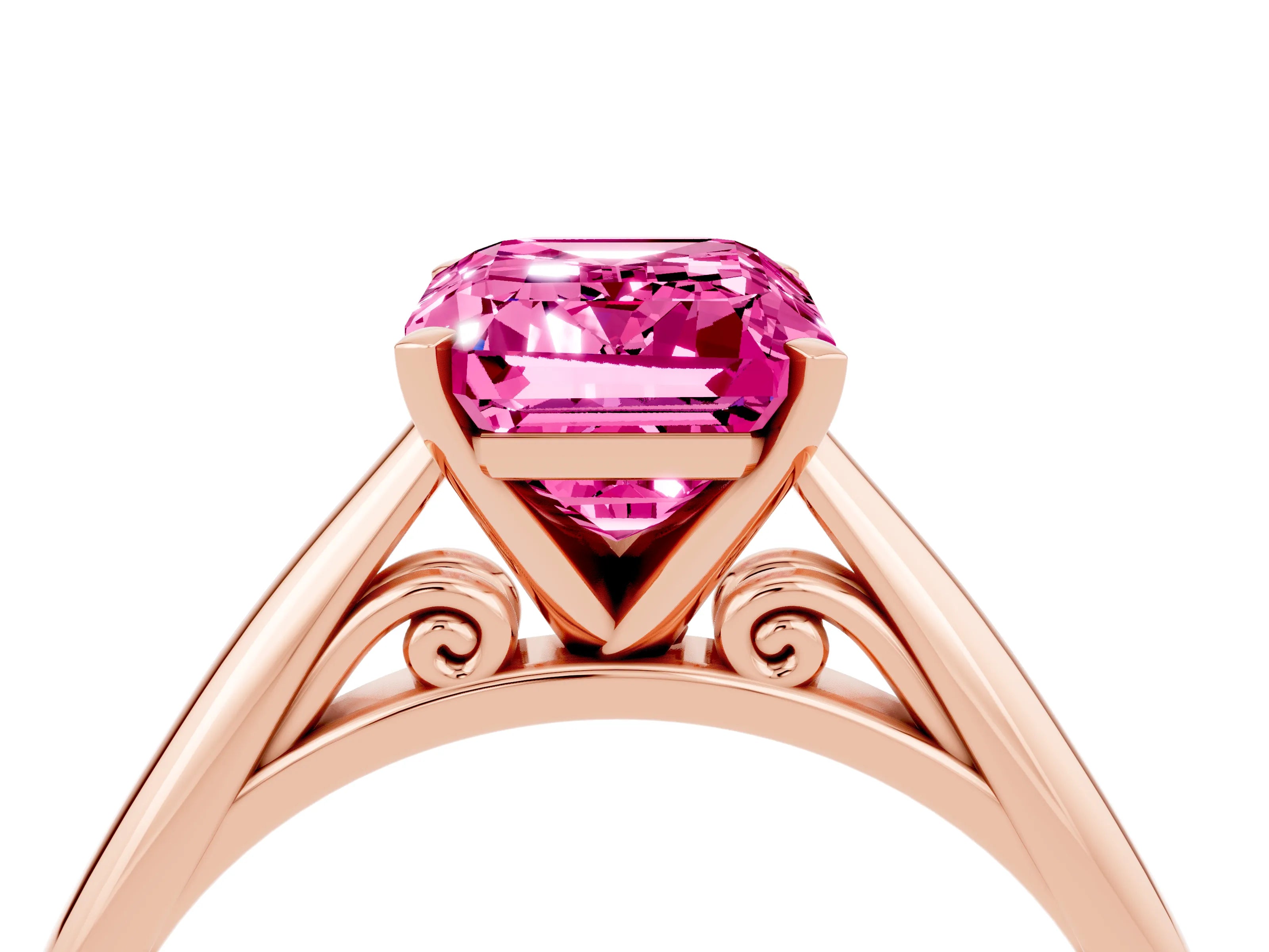 Rose gold Emerald Cut Pink Sapphire Solitaire Engagement Ring with Cathedral Setting and Four-Prong Mount_16