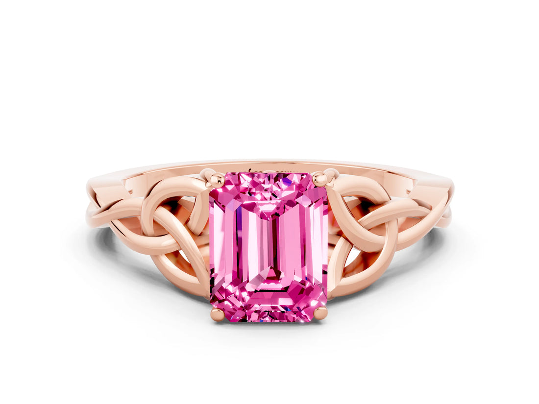 Rose gold Emerald Cut Pink Sapphire Solitaire Engagement Ring with Celtic Knot Band and Four-Prong Setting_24
