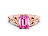 Rose gold Emerald Cut Pink Sapphire Solitaire Engagement Ring with Celtic Knot Band and Four-Prong Setting_24