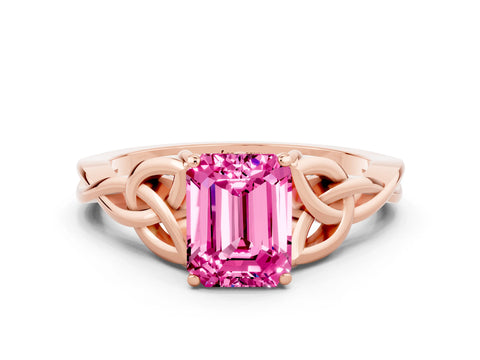 Rose gold Emerald Cut Pink Sapphire Solitaire Engagement Ring with Celtic Knot Band and Four-Prong Setting_24