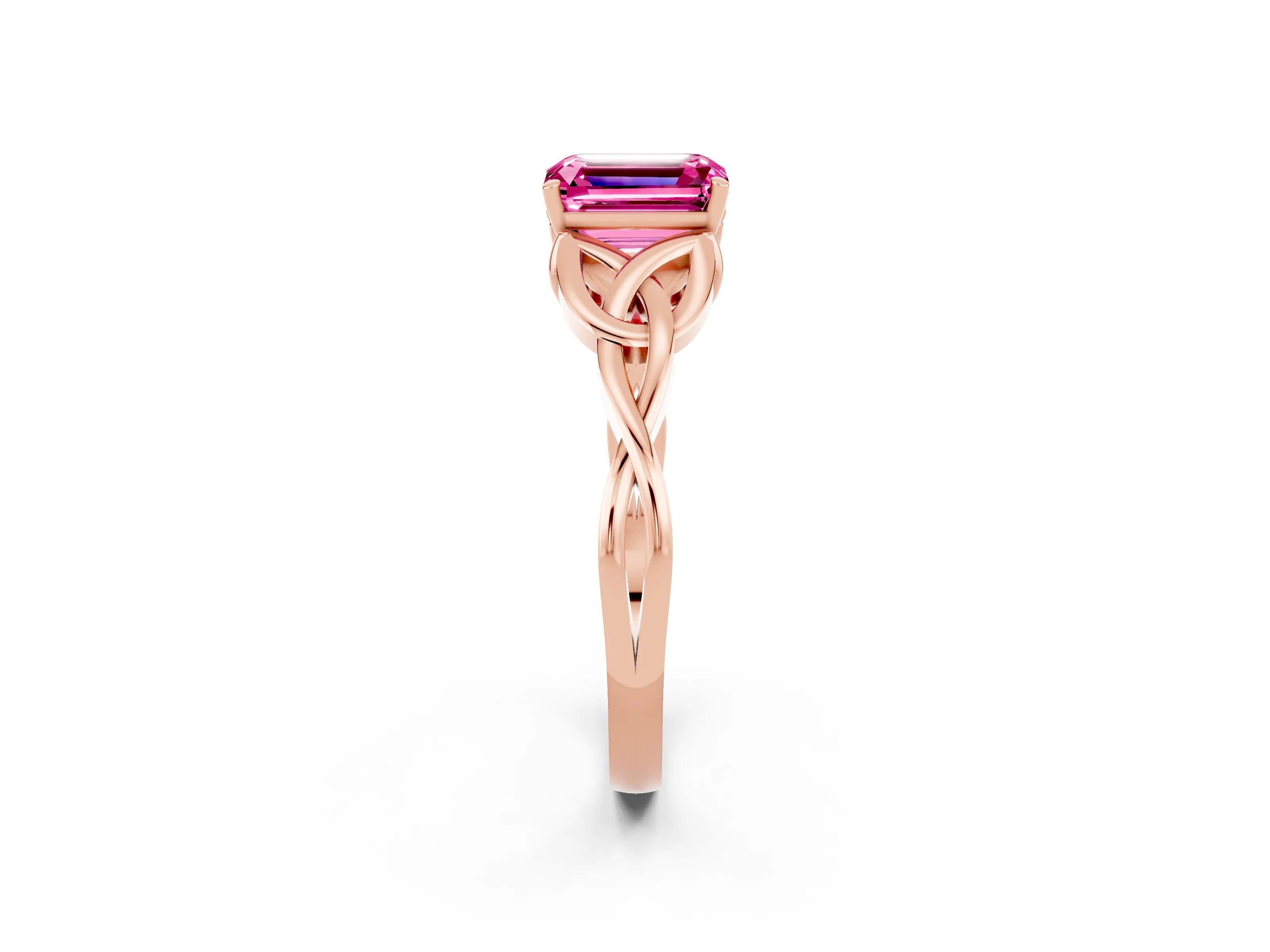 Rose gold Emerald Cut Pink Sapphire Solitaire Engagement Ring with Celtic Knot Band and Four-Prong Setting_26
