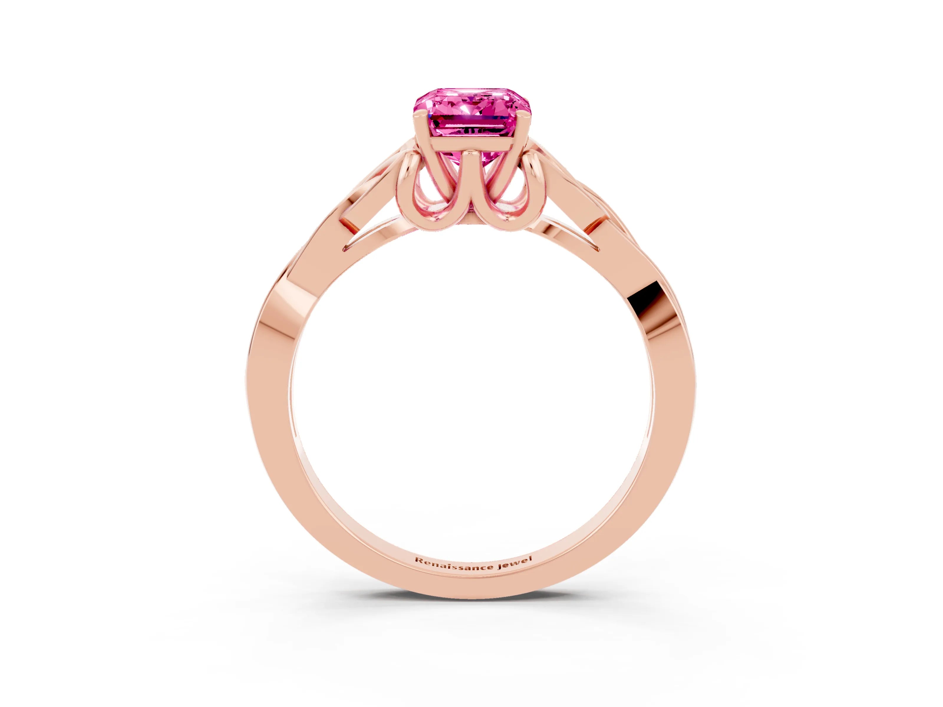 Rose gold Emerald Cut Pink Sapphire Solitaire Engagement Ring with Celtic Knot Band and Four-Prong Setting_27