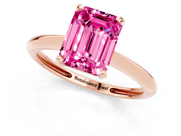 Rose gold Emerald Cut Pink Sapphire Solitaire Engagement Ring with Classic Band and Four-Prong Setting