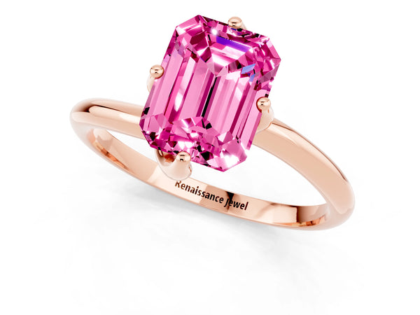 Rose gold Emerald Cut Pink Sapphire Solitaire Engagement Ring with Four-Prong Setting and Classic Band