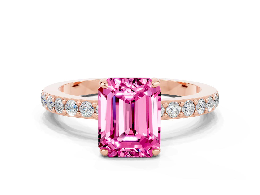 Rose gold Emerald Cut Pink Sapphire Solitaire Engagement Ring with Pavé Band and Four-Prong Setting_24