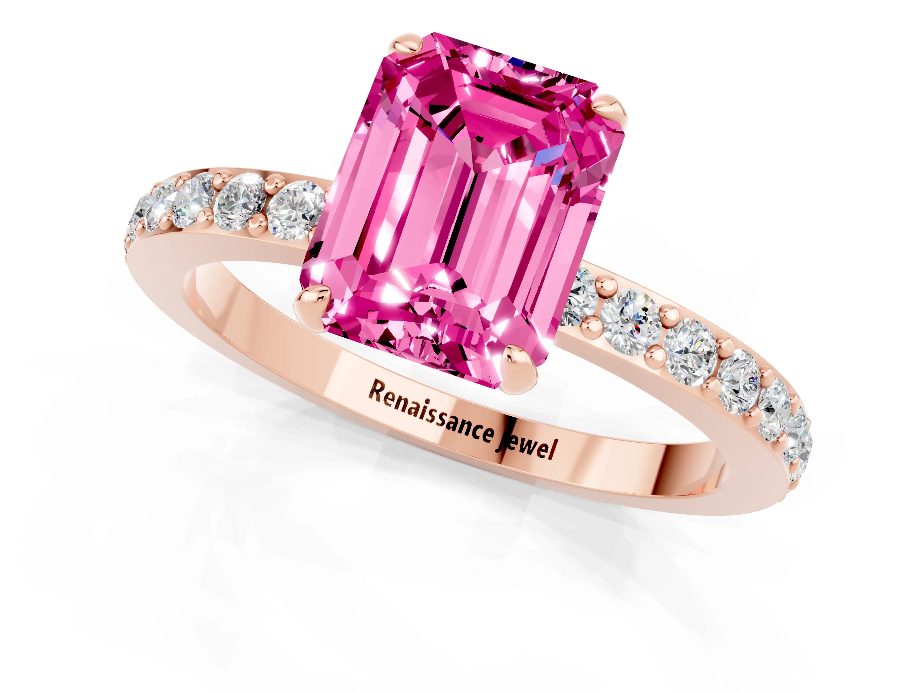 Rose gold Emerald Cut Pink Sapphire Solitaire Engagement Ring with Pavé Band and Four-Prong Setting_25
