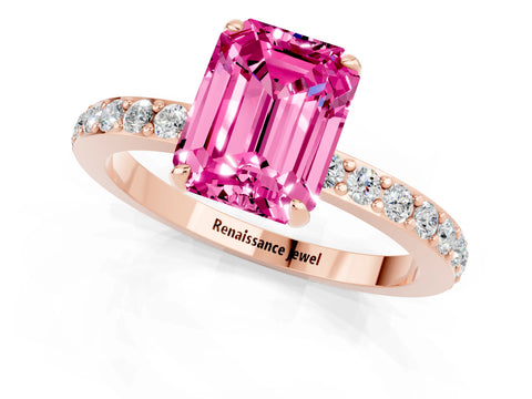 Rose gold Emerald Cut Pink Sapphire Solitaire Engagement Ring with Pavé Band and Four-Prong Setting_25