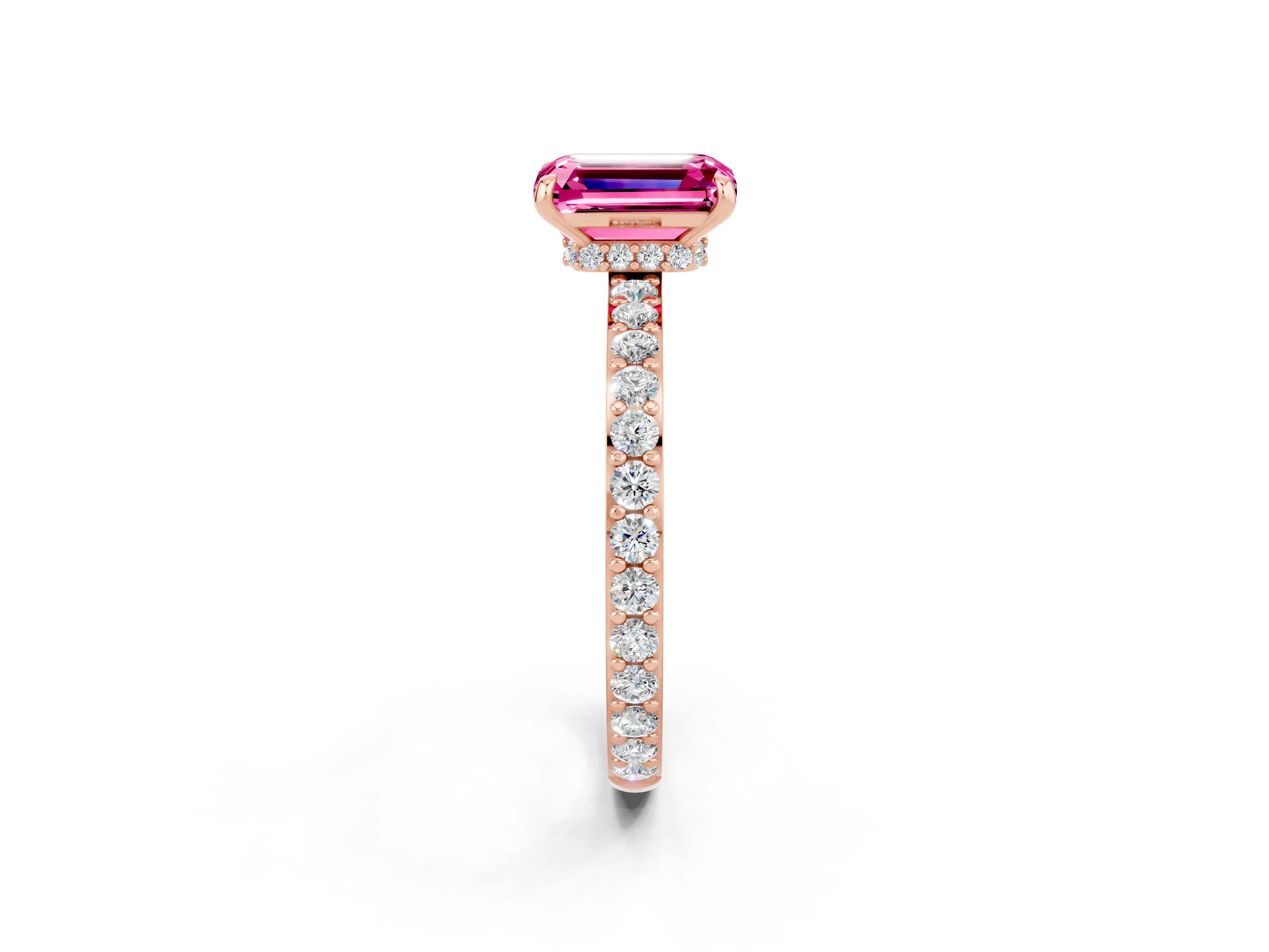 Rose gold Emerald Cut Pink Sapphire Solitaire Engagement Ring with Pavé Band and Four-Prong Setting_26