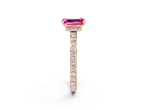 Rose gold Emerald Cut Pink Sapphire Solitaire Engagement Ring with Pavé Band and Four-Prong Setting