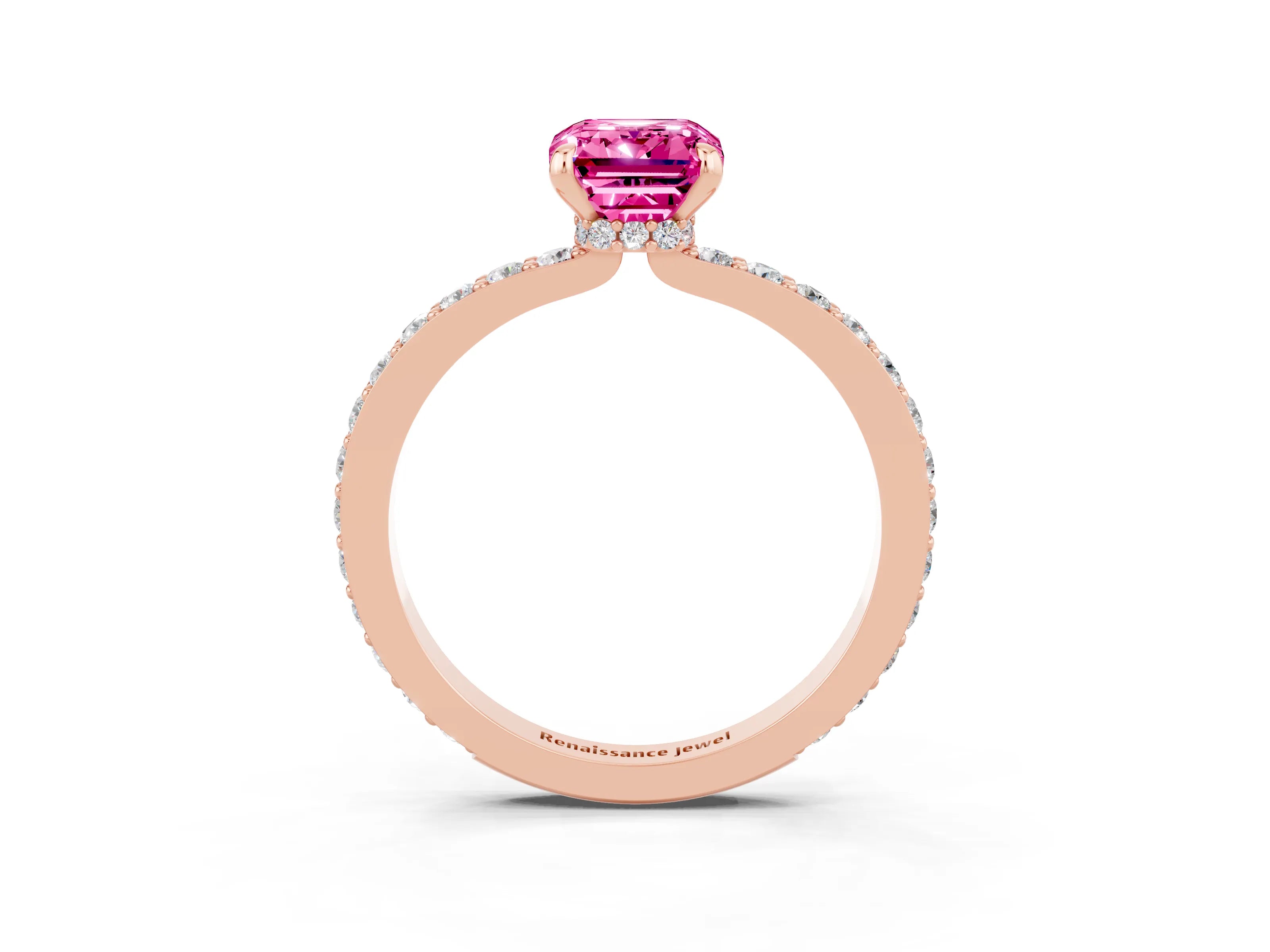 Rose gold Emerald Cut Pink Sapphire Solitaire Engagement Ring with Pavé Band and Four-Prong Setting_27