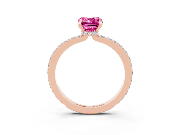 Rose gold Emerald Cut Pink Sapphire Solitaire Engagement Ring with Pavé Band and Four-Prong Setting