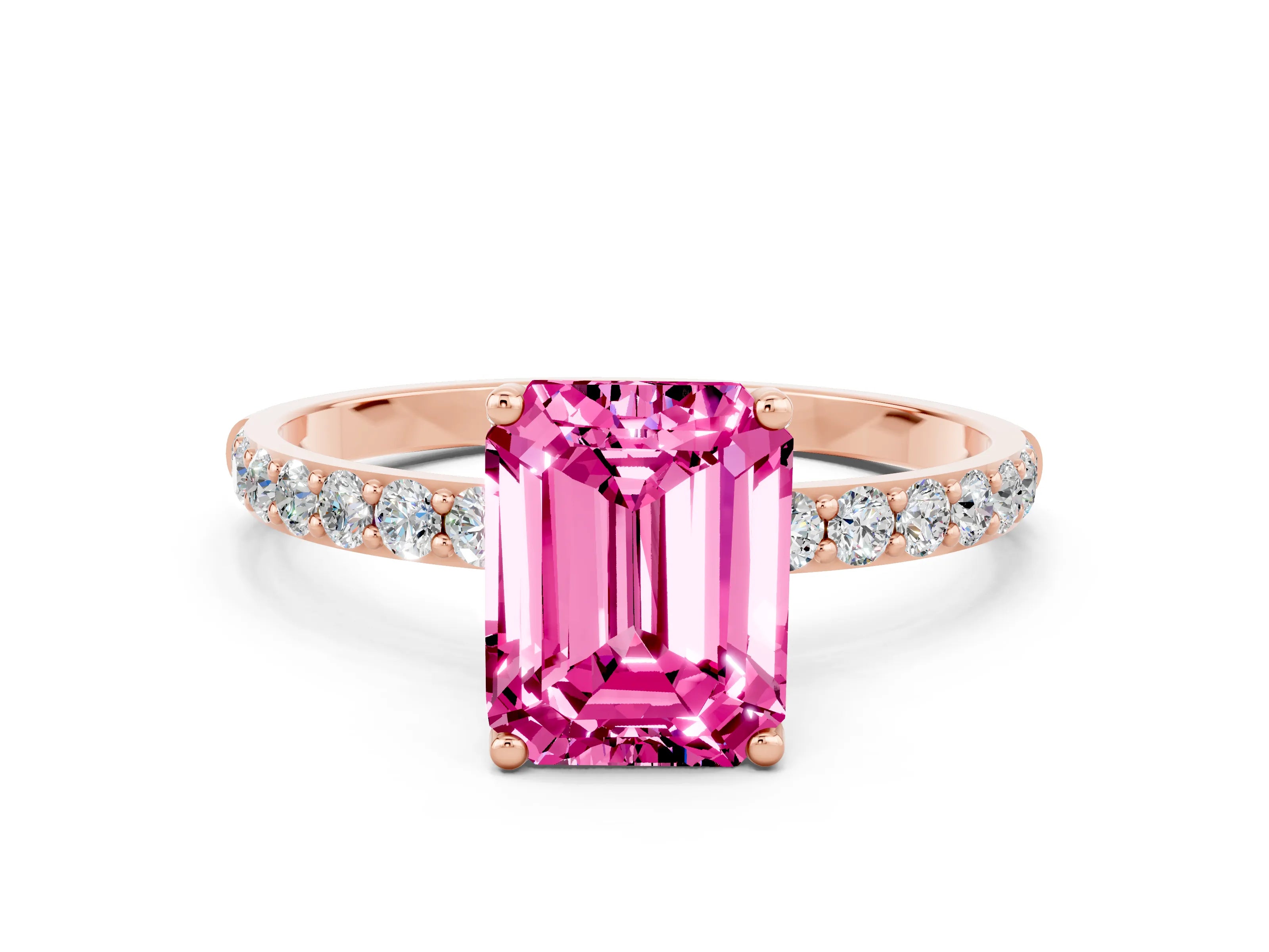 Rose gold Emerald Cut Pink Sapphire Solitaire Engagement Ring with Pavé Band and Prong Setting