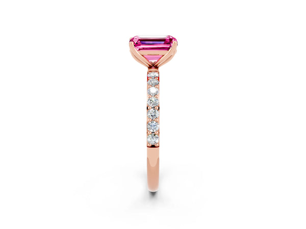 Rose gold Emerald Cut Pink Sapphire Solitaire Engagement Ring with Round  Pavé Band and Prong Setting