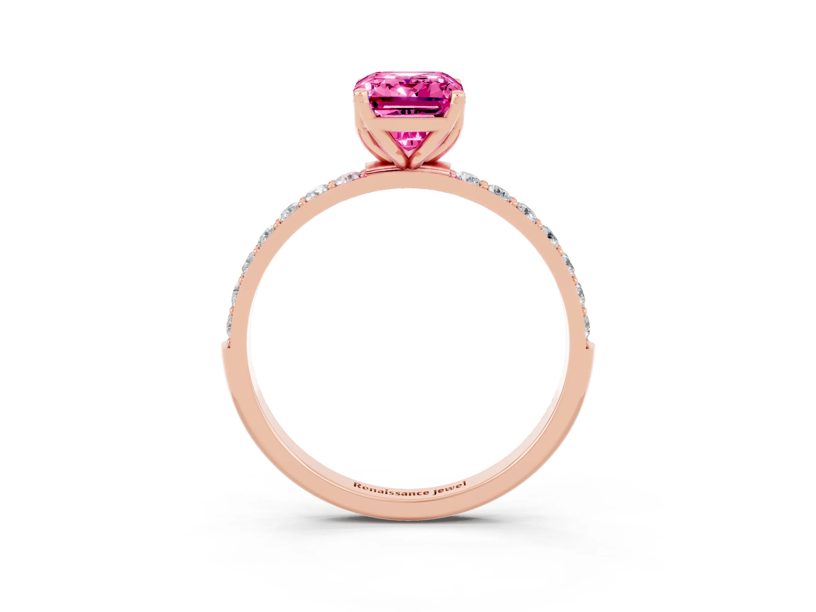 Rose gold Emerald Cut Pink Sapphire Solitaire Engagement Ring with Pavé Band and Prong Setting_3