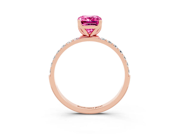 Rose gold Emerald Cut Pink Sapphire Solitaire Engagement Ring with Round  Pavé Band and Prong Setting