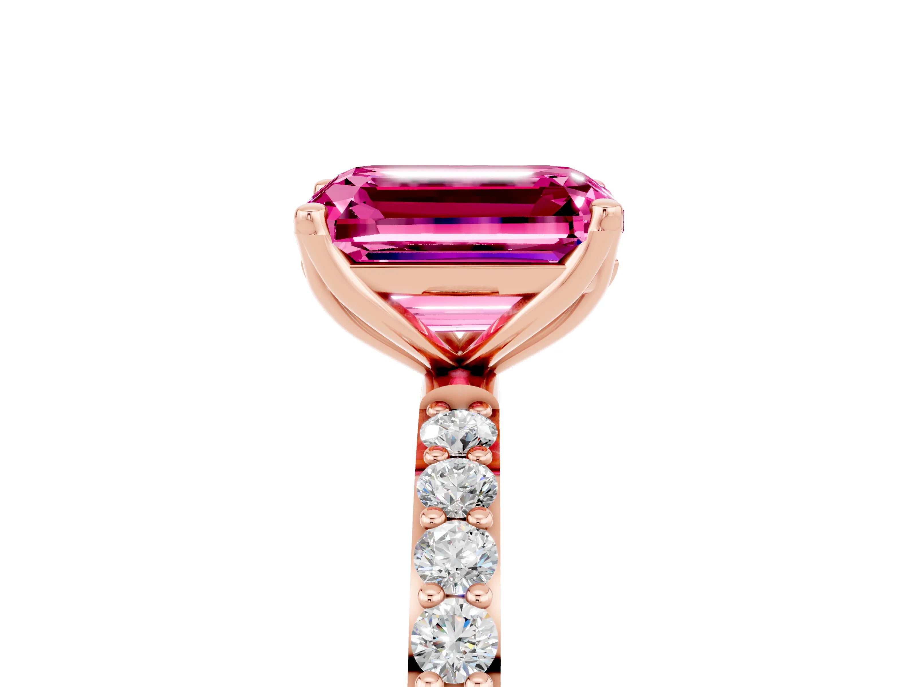 Rose gold Emerald Cut Pink Sapphire Solitaire Engagement Ring with Pavé Band and Prong Setting_5