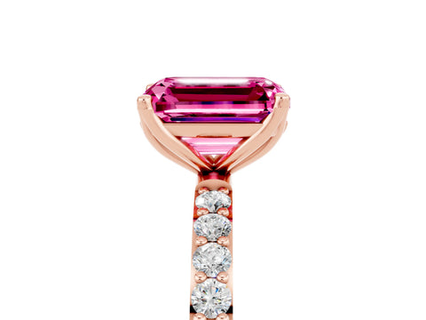Rose gold Emerald Cut Pink Sapphire Solitaire Engagement Ring with Pavé Band and Prong Setting_5