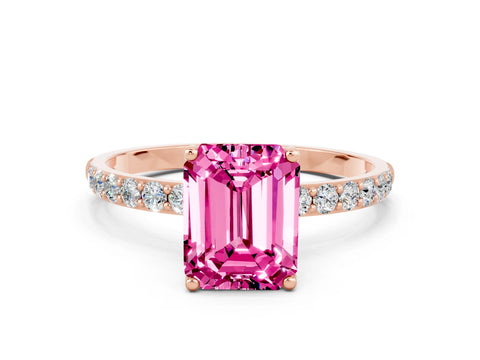 Rose gold Emerald Cut Pink Sapphire Solitaire Engagement Ring with Pavé Band and Prong Setting