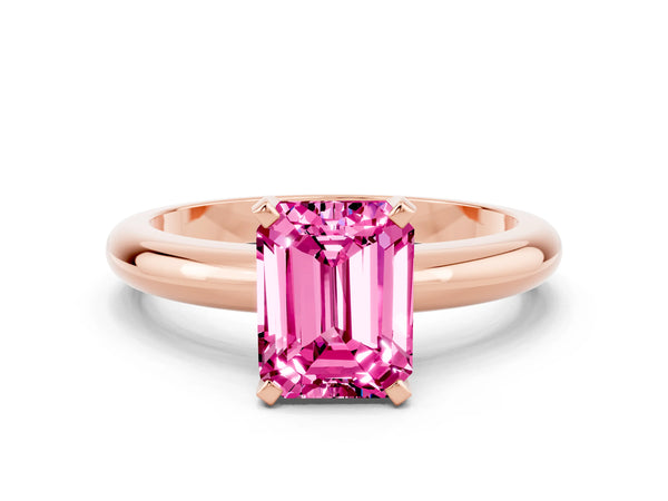 Rose gold Emerald Cut Pink Sapphire Solitaire Engagement Ring with Round Band and Four-Prong Setting