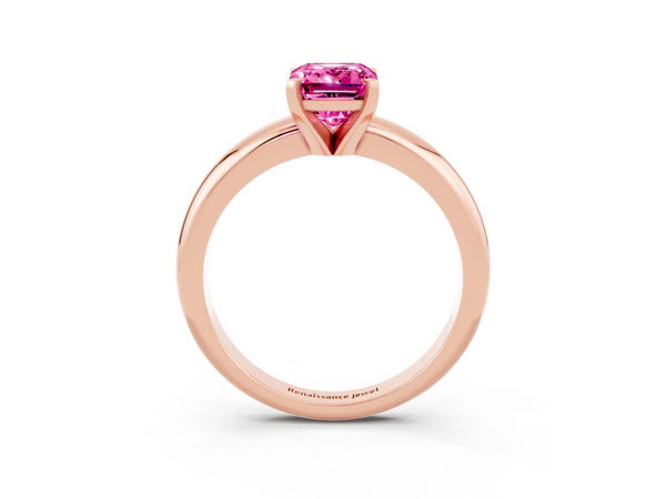 Rose gold Emerald Cut Pink Sapphire Solitaire Engagement Ring with Round Band and Four-Prong Setting