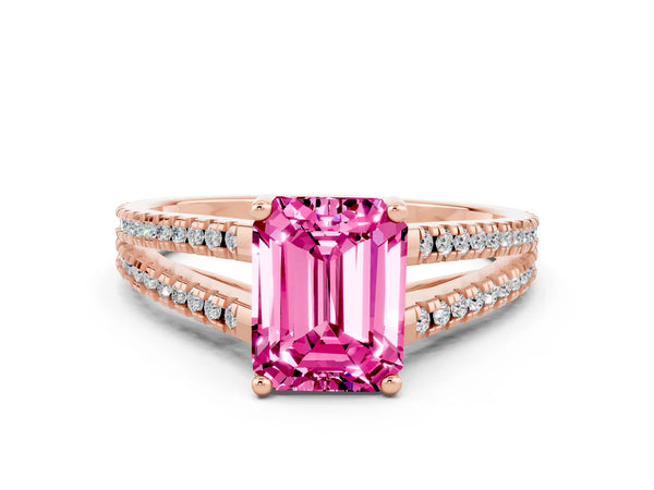 Rose gold Emerald Cut Pink Sapphire Solitaire Engagement Ring with Split Shank Pavé Band