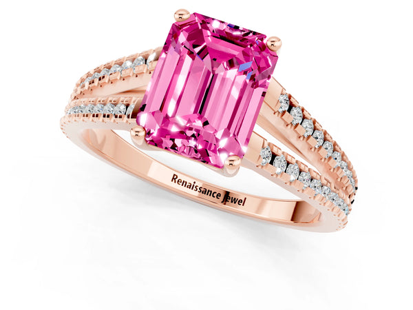 Rose gold Emerald Cut Pink Sapphire Solitaire Engagement Ring with Split Shank Pavé Band