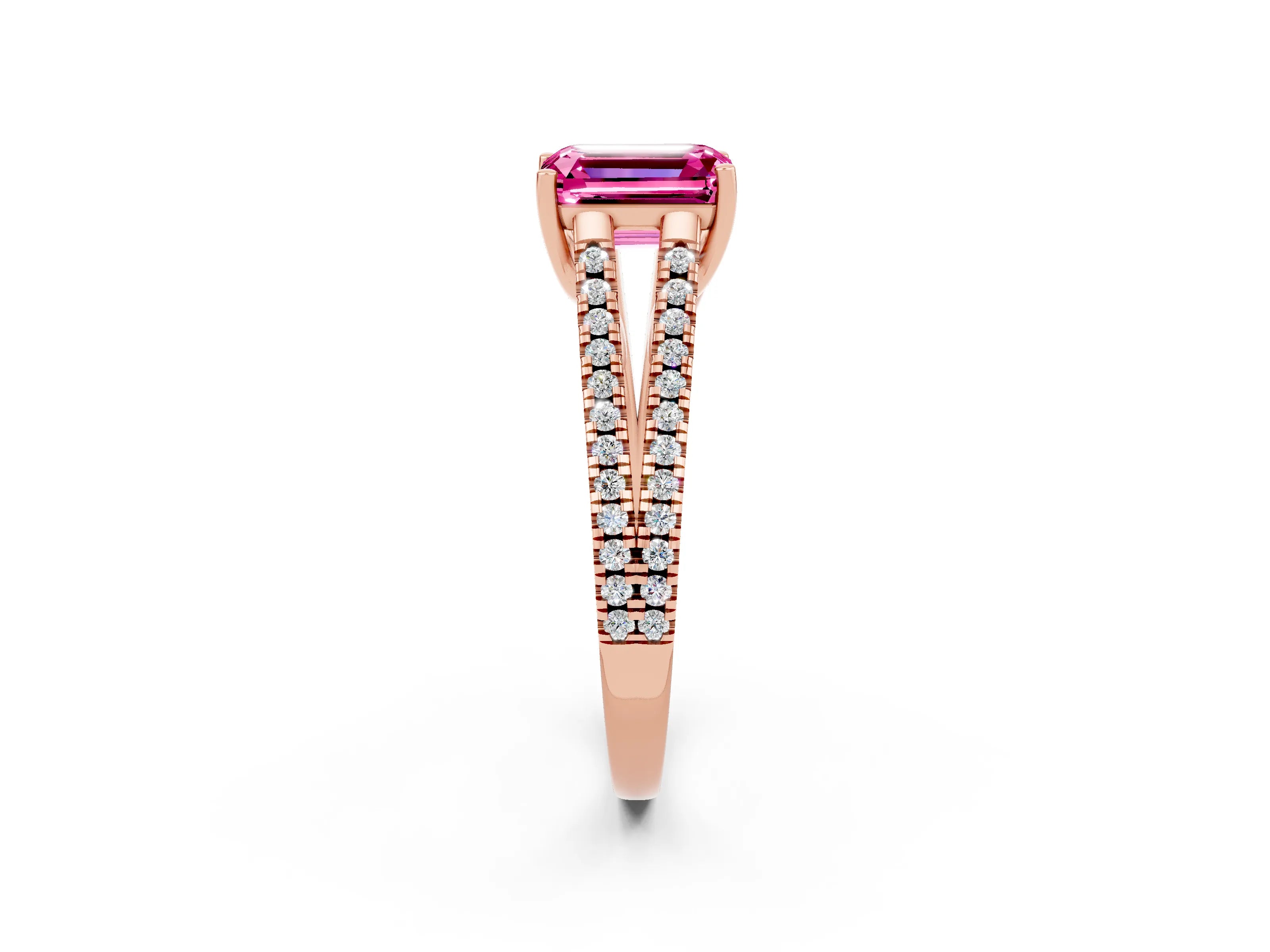 Rose gold Emerald Cut Pink Sapphire Solitaire Engagement Ring with Split Shank Pavé Band_14