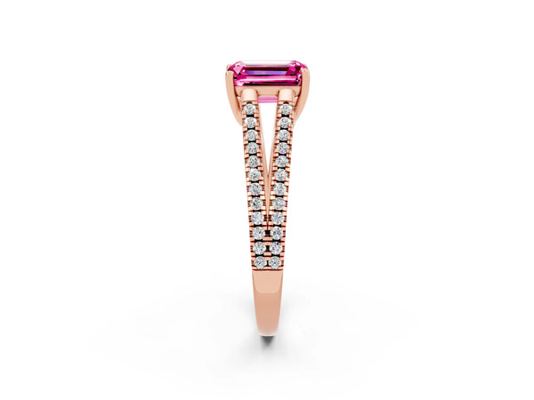 Rose gold Emerald Cut Pink Sapphire Solitaire Engagement Ring with Split Shank Pavé Band