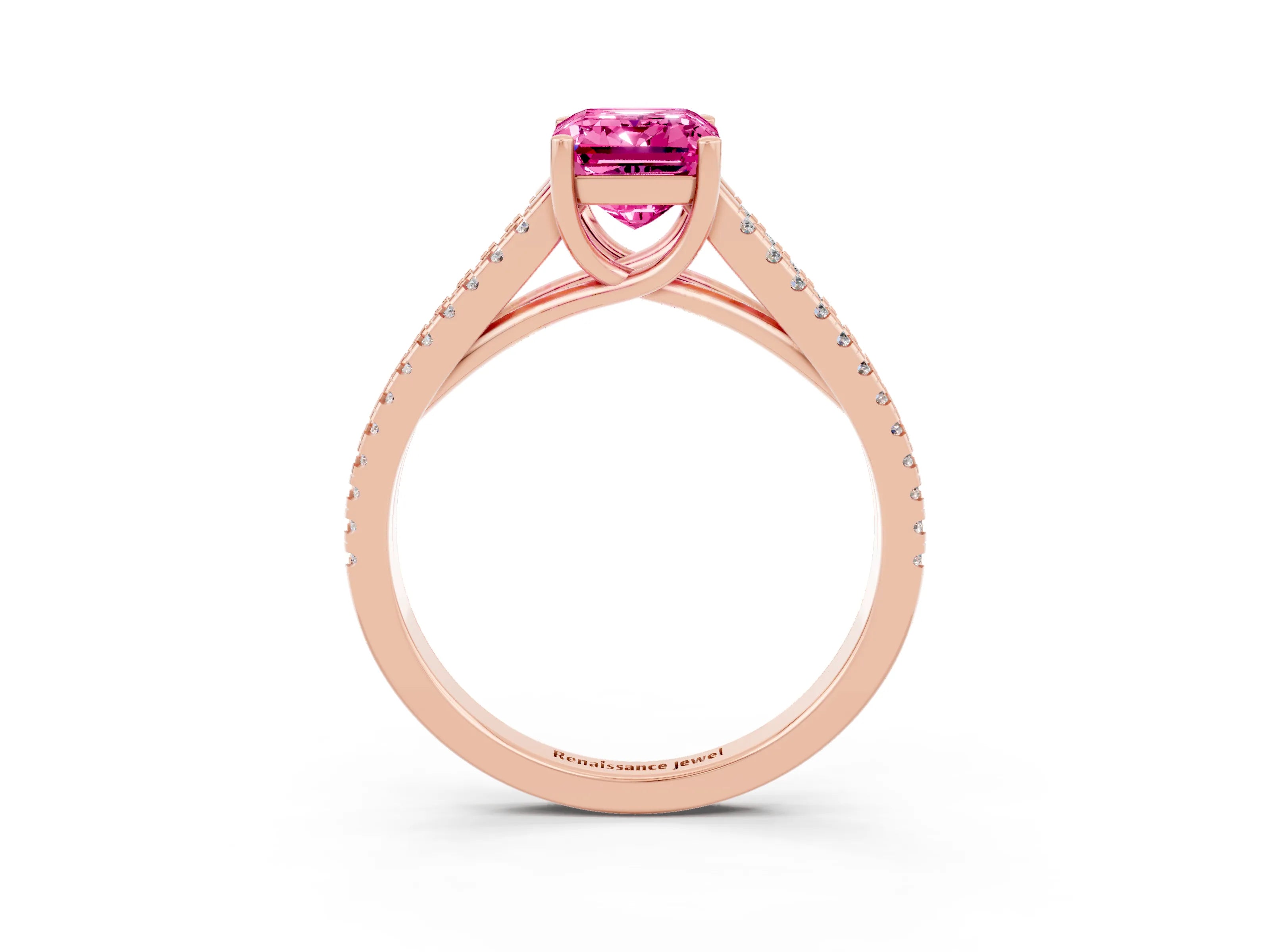 Rose gold Emerald Cut Pink Sapphire Solitaire Engagement Ring with Split Shank Pavé Band_15