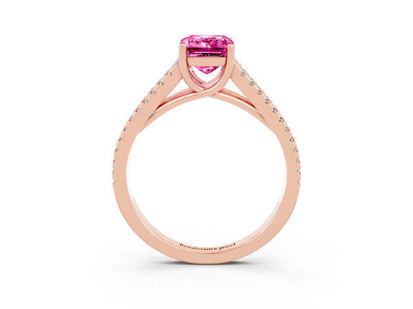 Rose gold Emerald Cut Pink Sapphire Solitaire Engagement Ring with Split Shank Pavé Band
