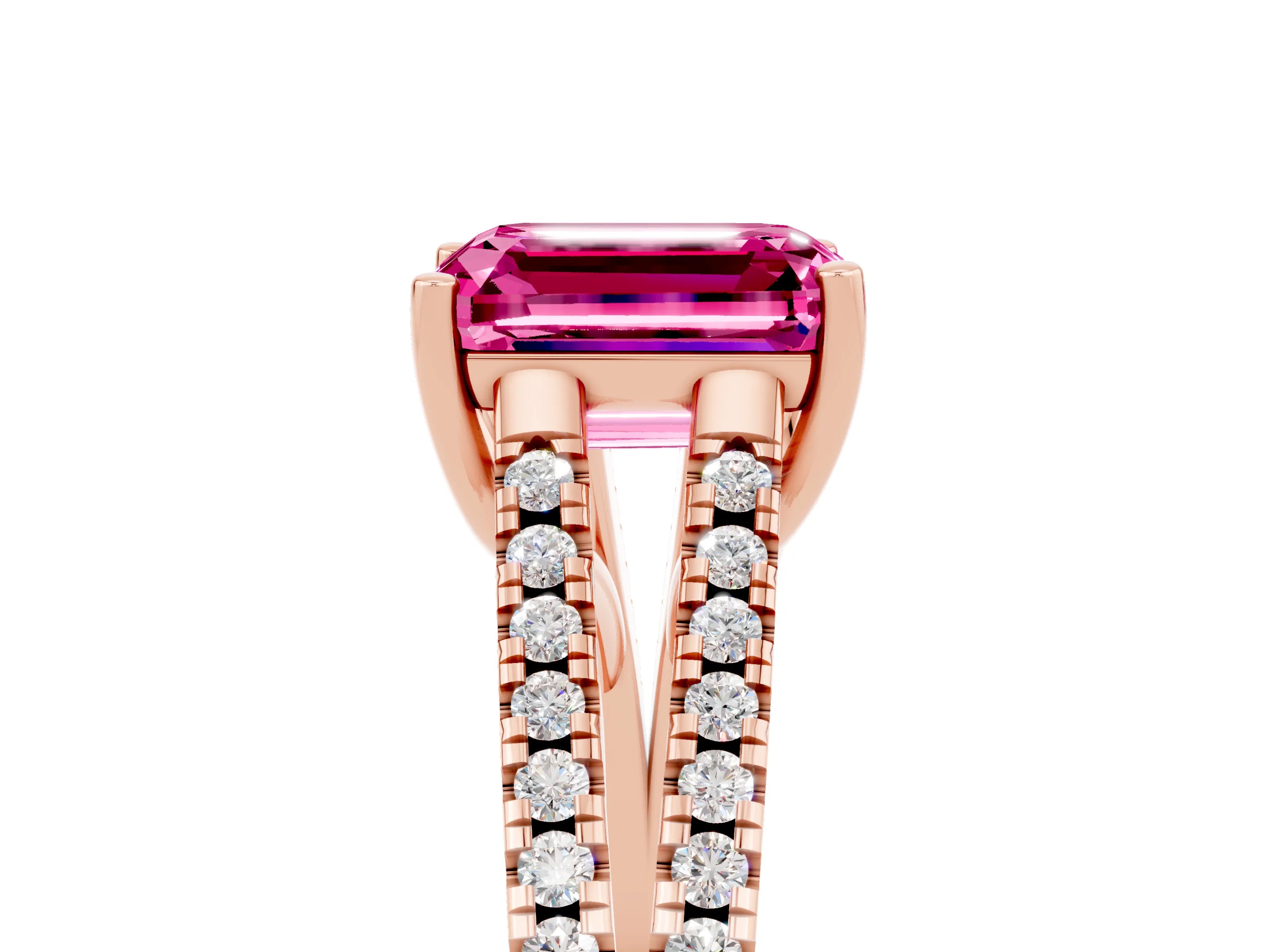 Rose gold Emerald Cut Pink Sapphire Solitaire Engagement Ring with Split Shank Pavé Band_17