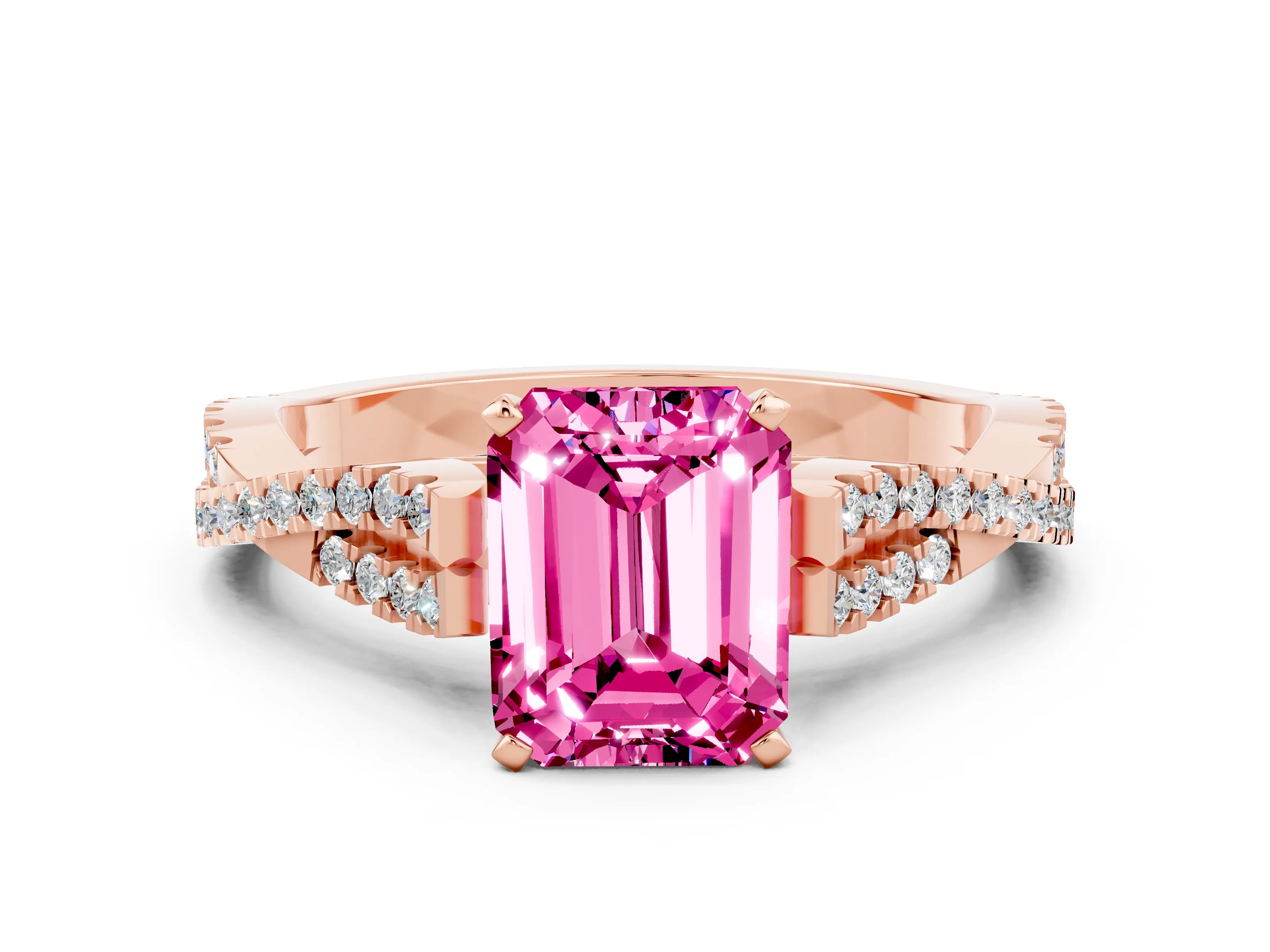 Rose gold Emerald Cut Pink Sapphire Solitaire Engagement Ring with Twisted Pavé Band and Four-Prong Setting_12
