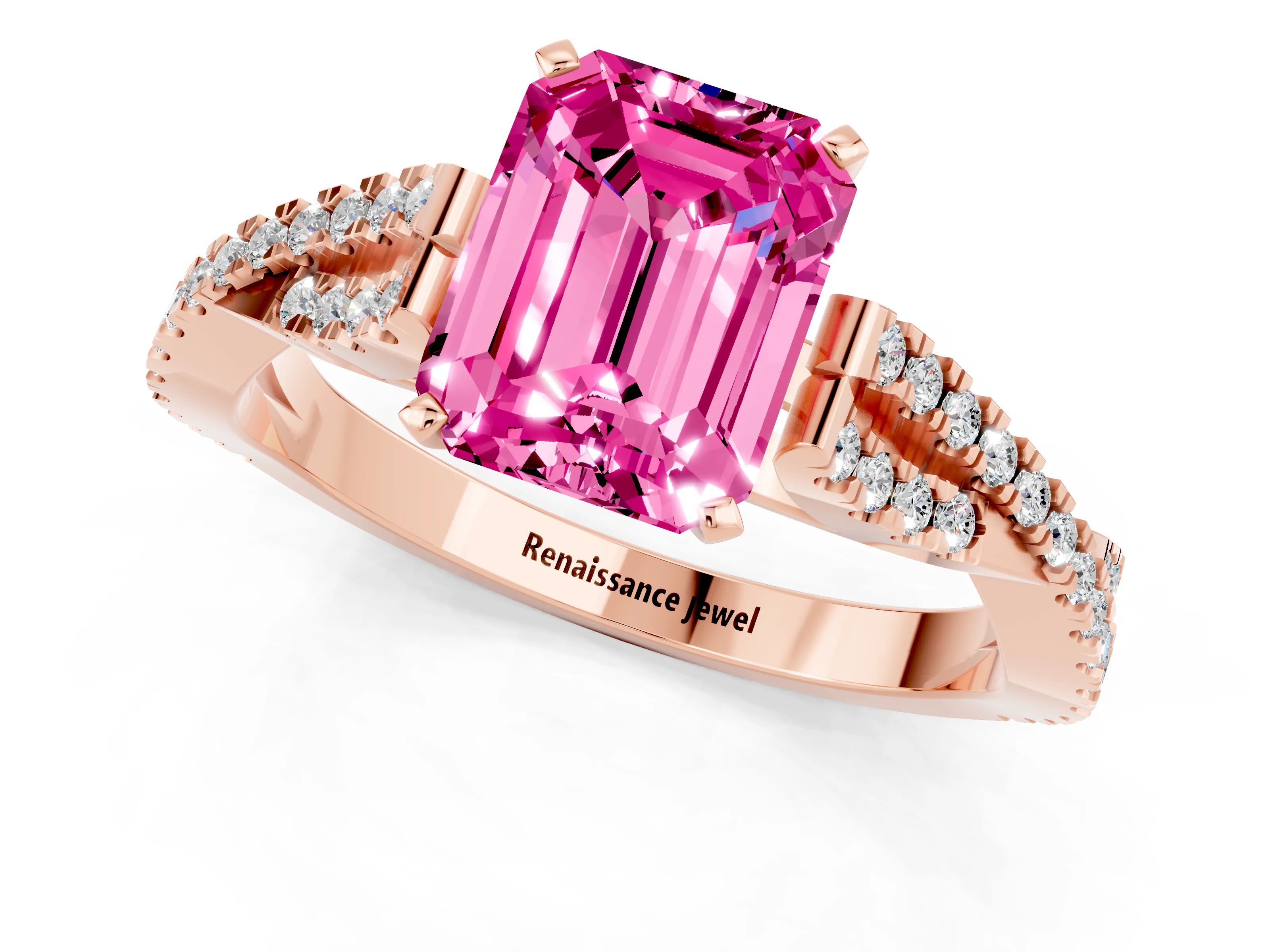 Rose gold Emerald Cut Pink Sapphire Solitaire Engagement Ring with Twisted Pavé Band and Four-Prong Setting_13