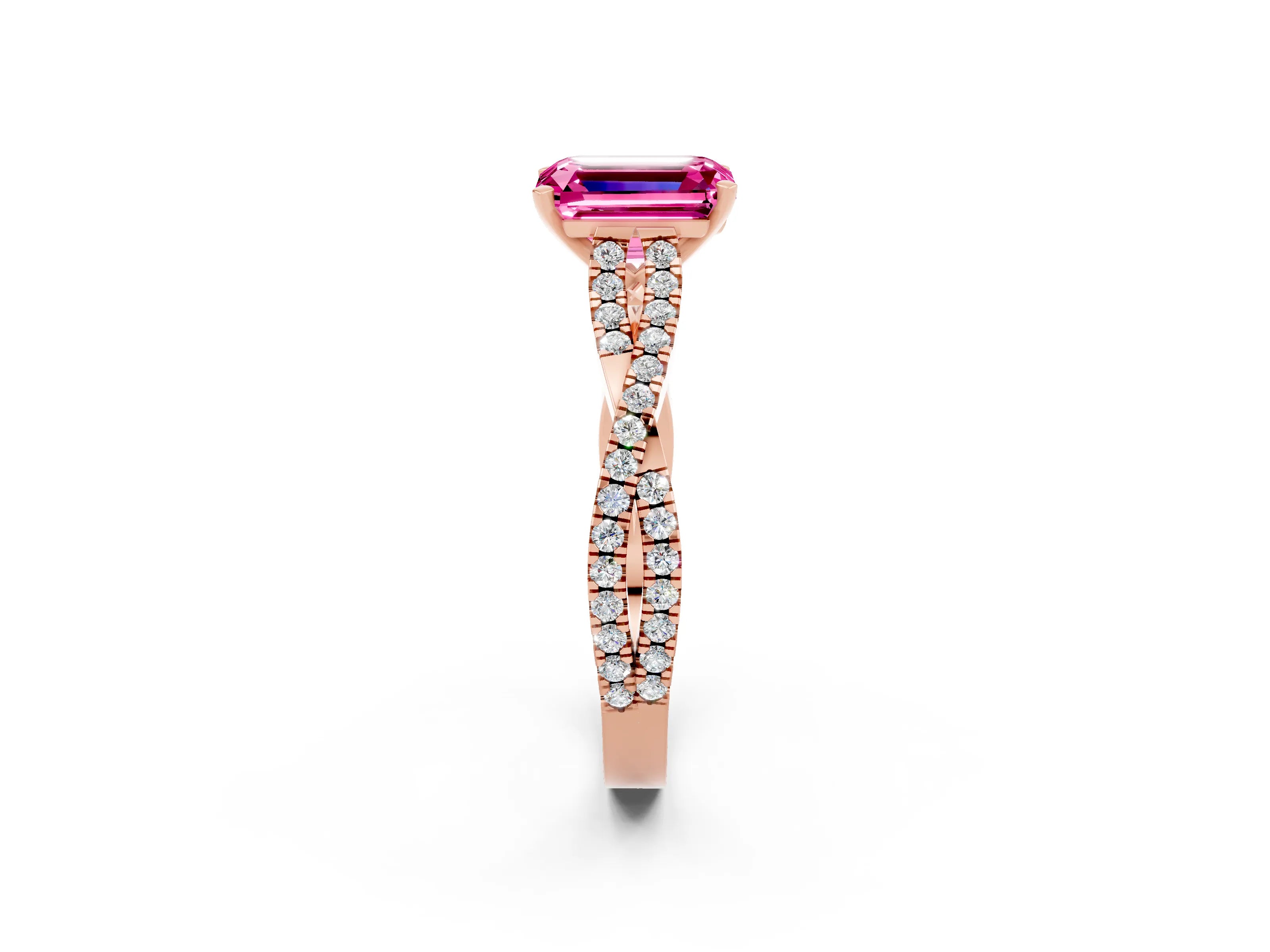 Rose gold Emerald Cut Pink Sapphire Solitaire Engagement Ring with Twisted Pavé Band and Four-Prong Setting_14